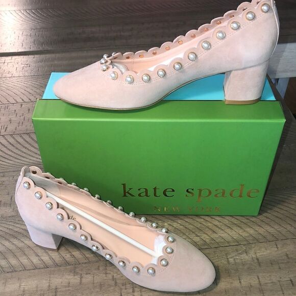 Kate Spade ♠️ Maeve Pearl 2” Solid Heel Pumps in Fawn colored Soft Suede in Box - Picture 3 of 17